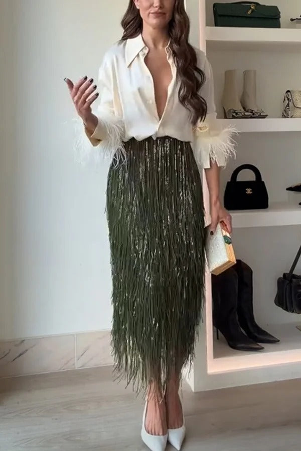 Party Crasher Layered Sequined Tassels High Rise Back Zipper Midi Skirt