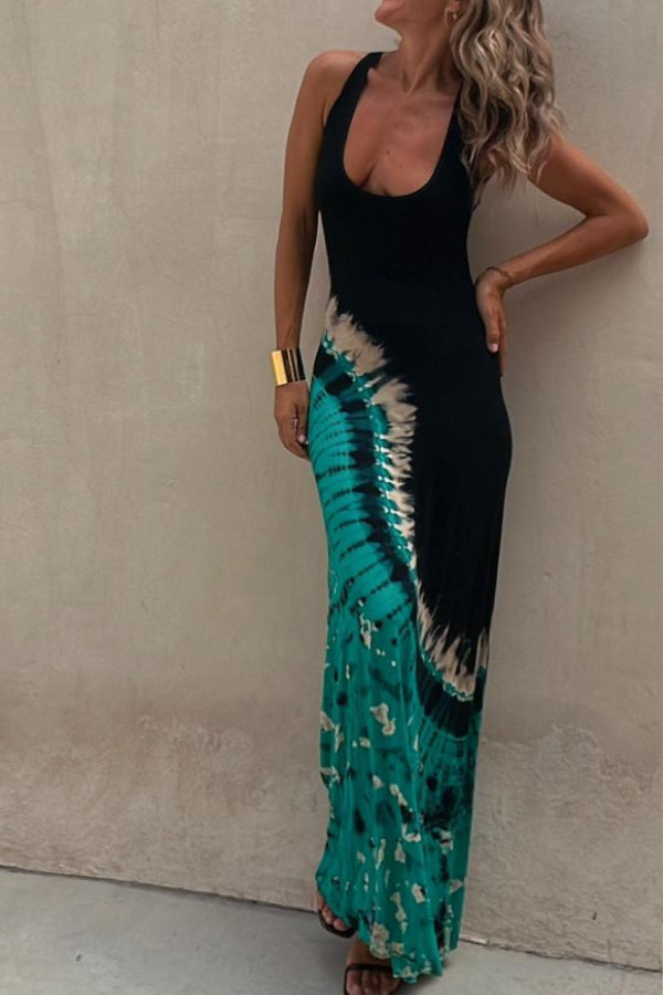 Starry Sky Tie-dye-print Stretch-back Maxi Dress(With built-in bra)