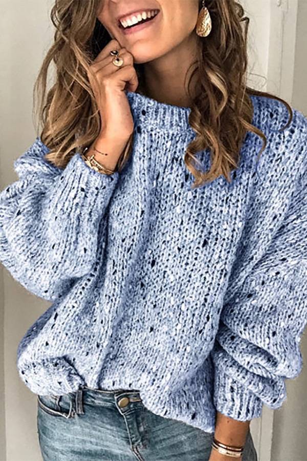 Lazy style thick needle hollow loose round neck sweater
