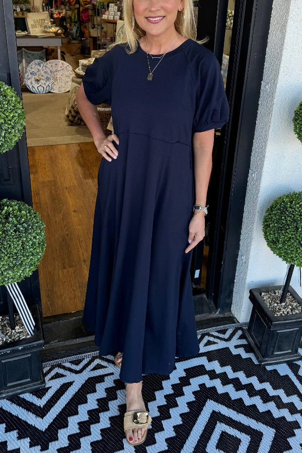 Women's Puff Sleeve Round Neck Long Dress
