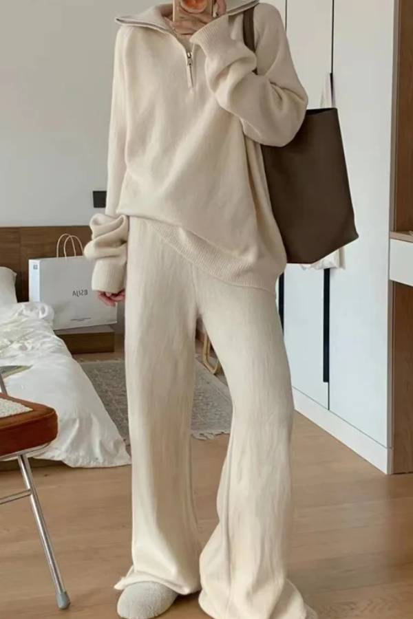 Casual Lapel Sweater and Wide-leg Pants Two-piece Suit