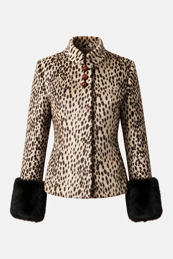 Retro Street Style Faux Fur Animal Print Stand Collar Button Furry Cuffs Jacket