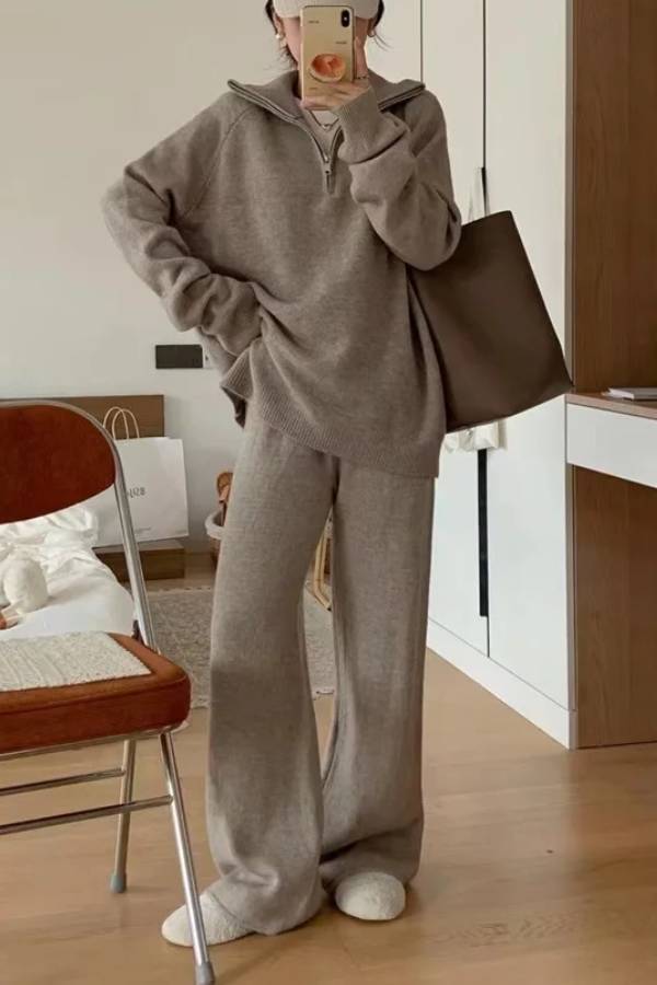 Casual Lapel Sweater and Wide-leg Pants Two-piece Suit