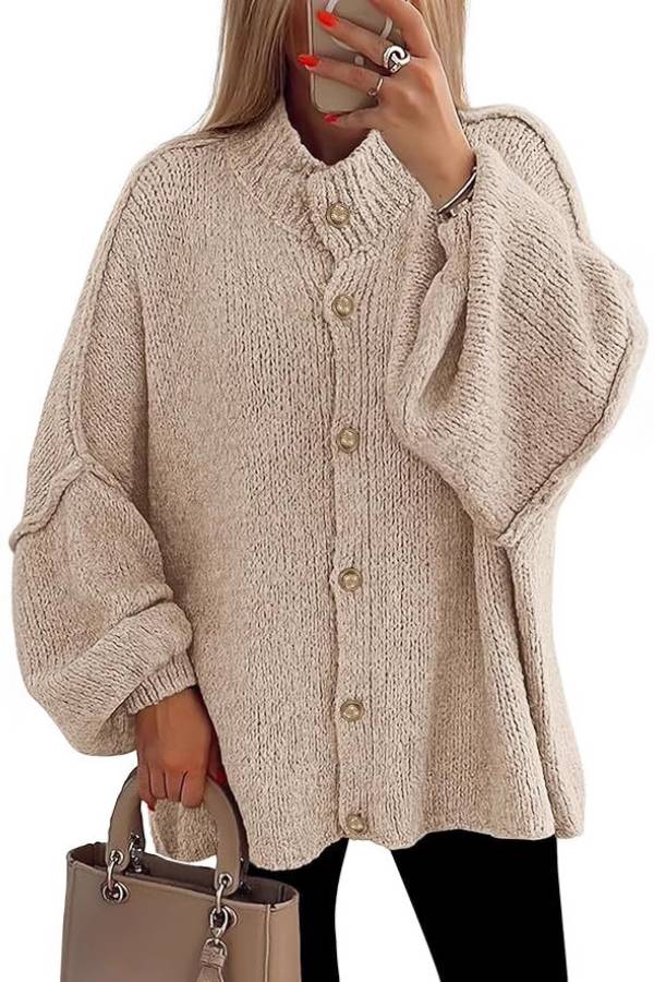 Oversized Lantern‑Sleeve Gold Button Knit Cardigan
