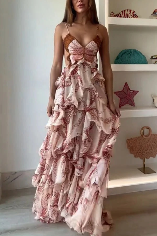 Ariae Butterfly Print Multi-layered Ruffles Backless Tie-up Maxi Dress