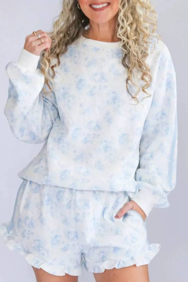 Floral Print Long Sleeve Sweatshirt and Shorts Set