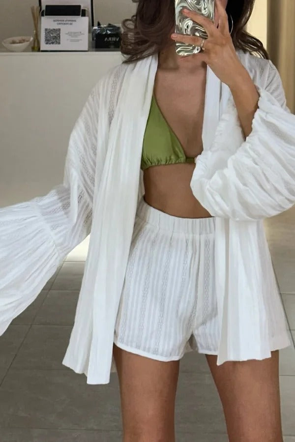 Solid Color Loose Long-sleeved Tie-front Top and Elastic Waist Casual Shorts Set
