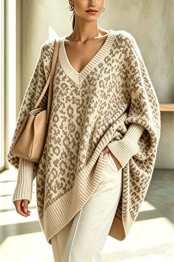 Relaxed Style Knit Leopard Print V-neck Batwing Sleeve Loose Sweater