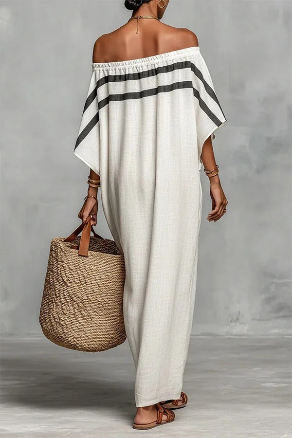 Bella Linen Blend Striped Print Off Shoulder Half Wide Sleeve Loose Maxi Dress