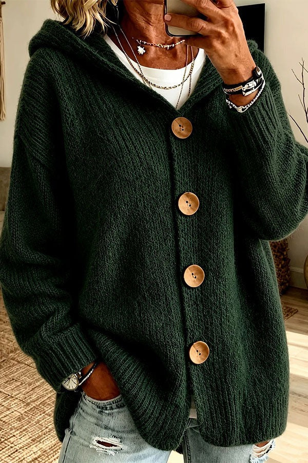 Warm Season Knit Four-button Long Sleeve Hooded Loose Cardigan