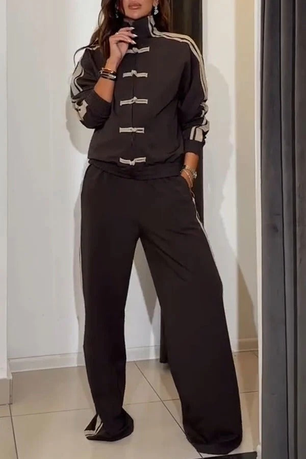 Fashionable Sporty Stripes Long Sleeve Knotted Button Jacket and Elastic Waist Pocket Pants Set