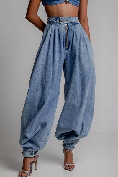 Fashion High Waist Vintage Zipper Cuffed Loose Jeans