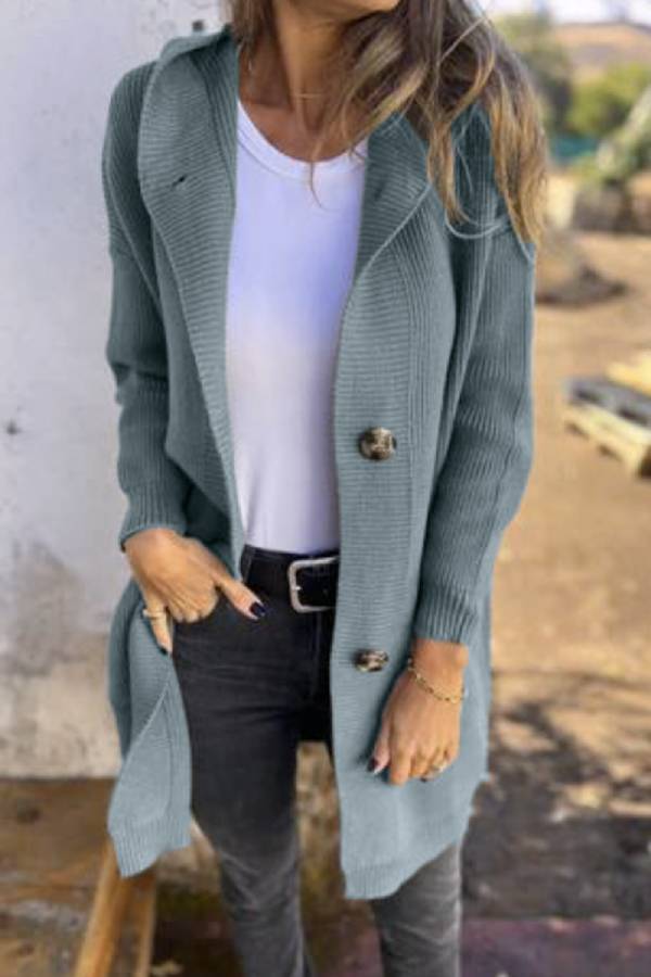 Women's Hooded Single Breasted Mid-Length Knit Cardigan