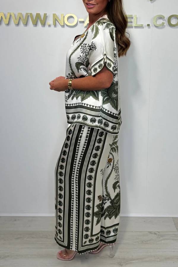 V-neck Short Sleeve Botanical Print Satin Wide-Leg Pants Set