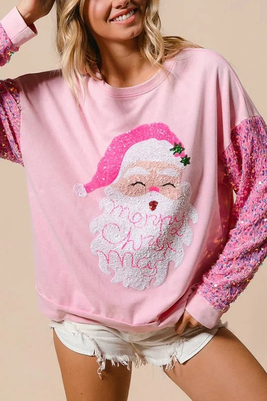 Pink Big Santa Sequin Sleeve Sweatshirt