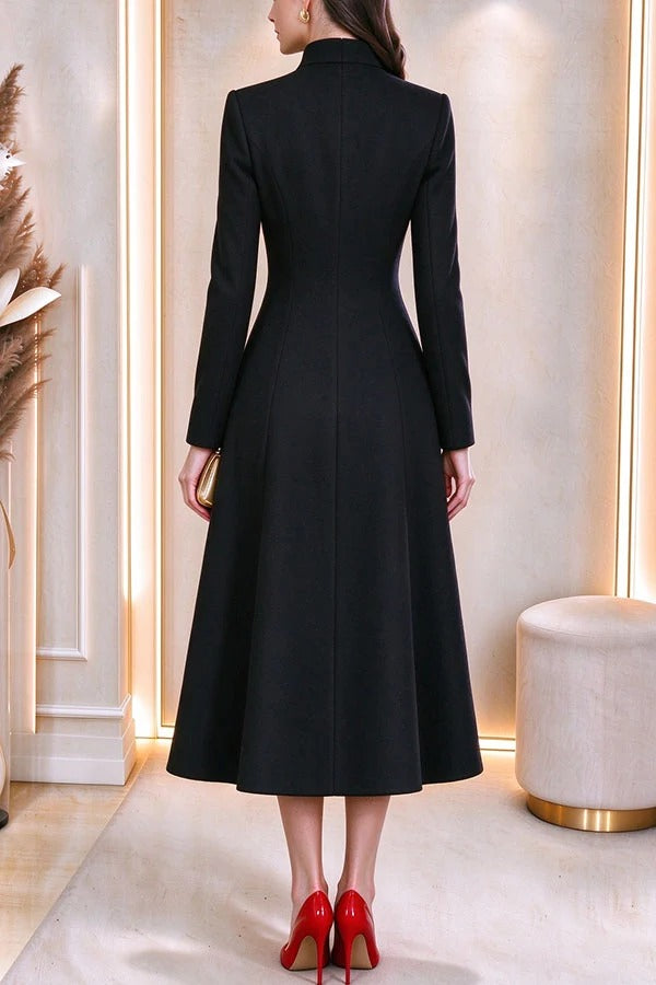 French Style Stand Collar Single Button Placket A-line Trench Coat Midi Dress