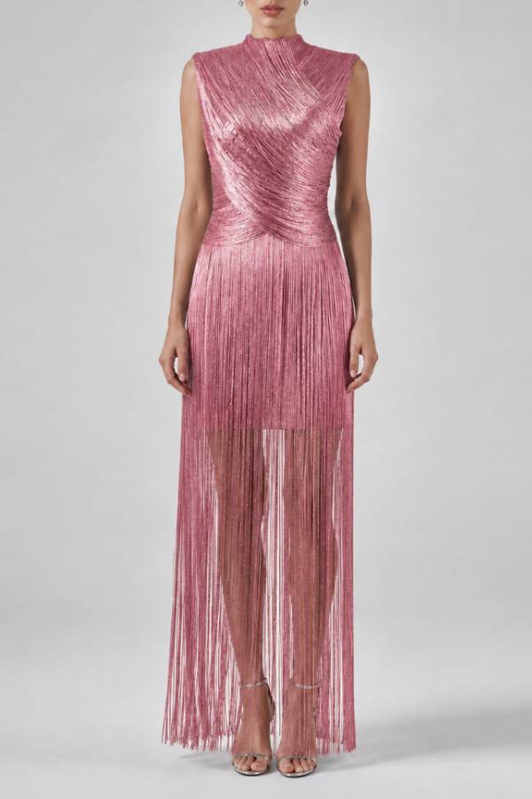 Shimmer Fringe Twist Evening Gown