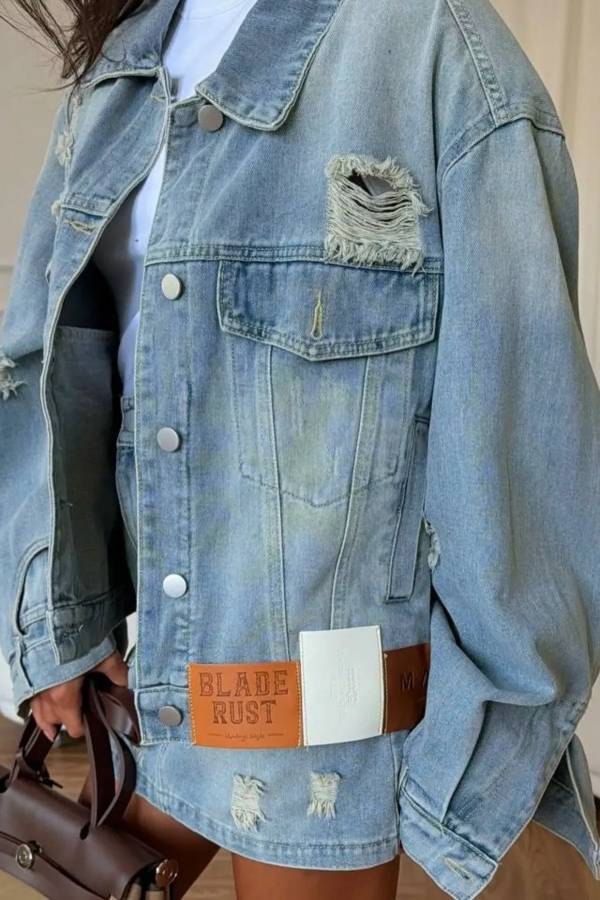 Distressed Denim Jacket and Mini Skirt Set