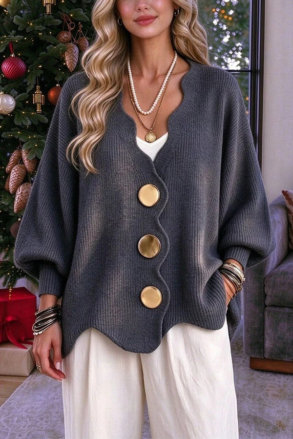 Serene Knit Wavy Edge V-neck Metal Button Long Balloon Sleeve Sweater