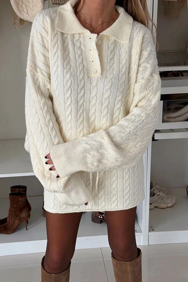 Tanya Cable Knit Button Lapel Loose Sweater and Elastic Waist Mini Skirt Set