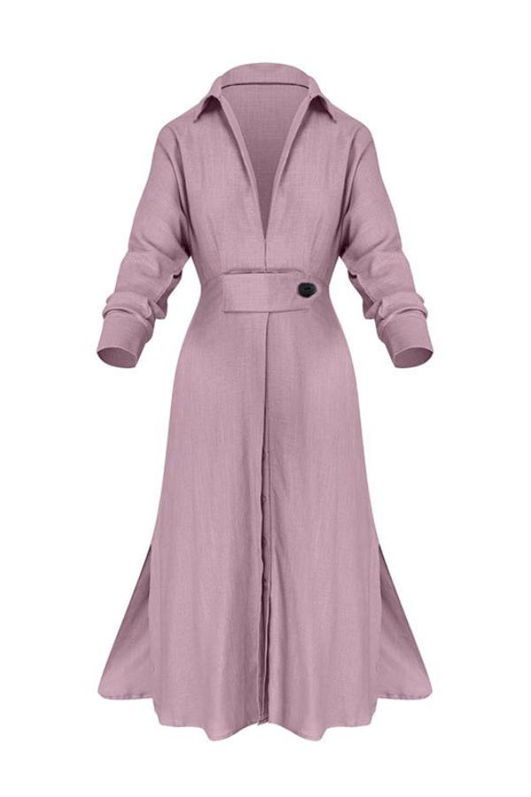 Full-Sleeve V Neck Belt Button Pocket Midi Dress