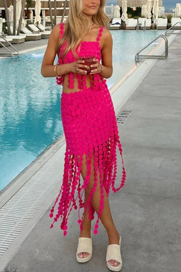 Caitlin See Through Circle Embroidery Square Neck Tassle Hem Slip Tank