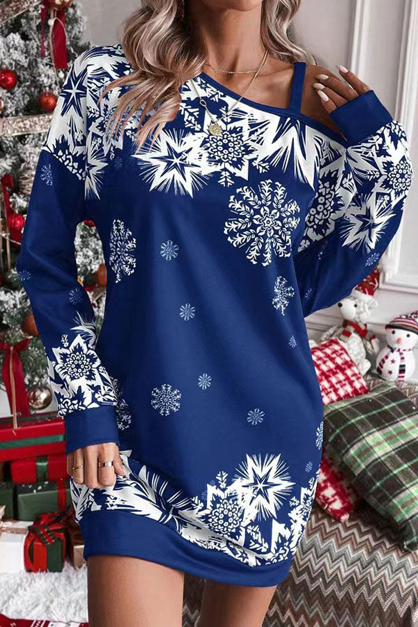 Christmas Snowflake Cold Shoulder Loose Sweatshirt Mini Dress