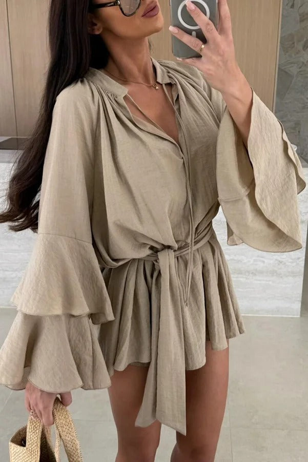 Molly Linen Blend Tiered Bell Sleeve Tie-up Cover-up Mini Dress
