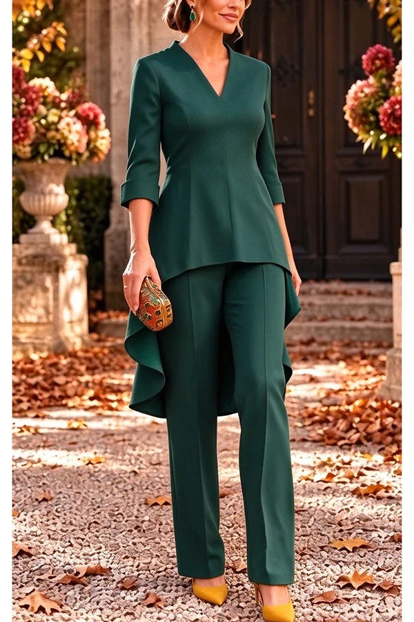 Nikkie V-neck Half Sleeve High Low Hem Top and Elastic Waist Wide Leg Pants Setts Set
