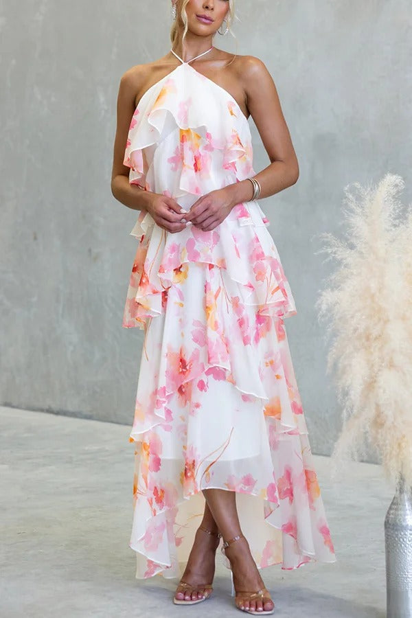 Poetic Eden Chiffon Floral Print Tiered Ruffles Halter A-line Maxi Dress