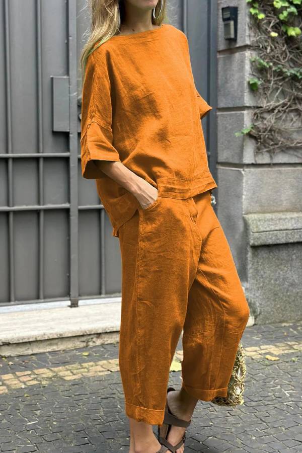 Solid Washed Linen Loose Two Piece Set Boat Neck Midi Sleeve Cropped Top 7/8 Wide Leg Pants Vacation Co-Ord