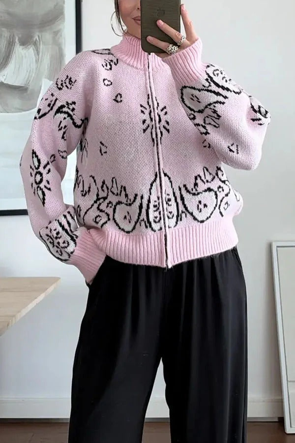Bandana Knit Printed High Neck Long Sleeve Zipper Relaxed Cardigan