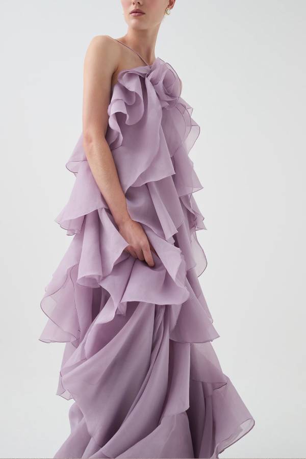 Free - Flowing Rose Detail Tiered Ruffles Halter A-line Maxi Dress