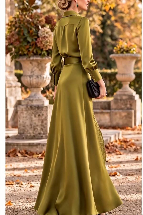 Jazmine Satin Long Sleeve Blouse and High Rise Slit Lace Maxi Skirt Set