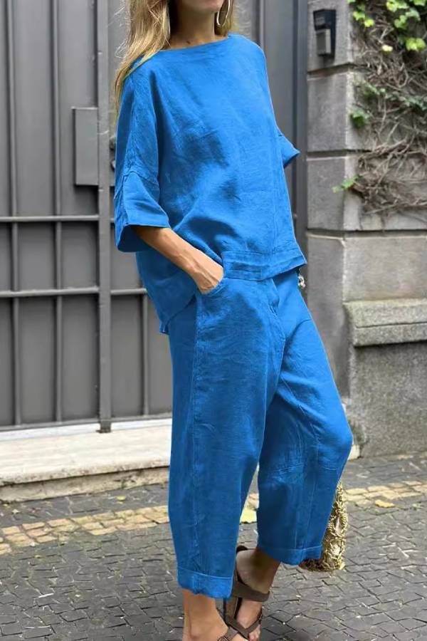 Solid Washed Linen Loose Two Piece Set Boat Neck Midi Sleeve Cropped Top 7/8 Wide Leg Pants Vacation Co-Ord