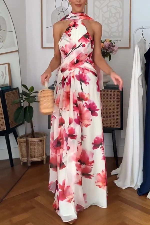 Blooming Petals Chiffon Floral Print Crinkle Cross Front Drape Ruffles Scarf Maxi Dress
