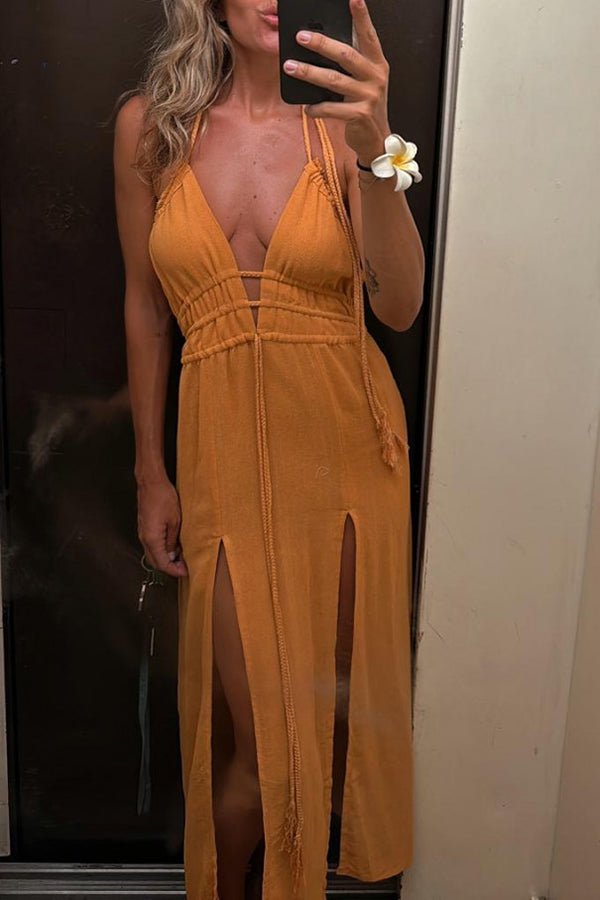 Linen Blend Elastic Waist Halter Backless Pocket Slit Midi Dress