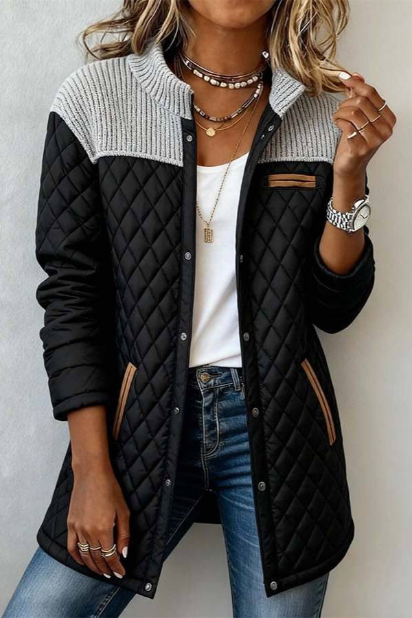 Knit Splicing Diamond Quilted Mid-Length Puffer Coat