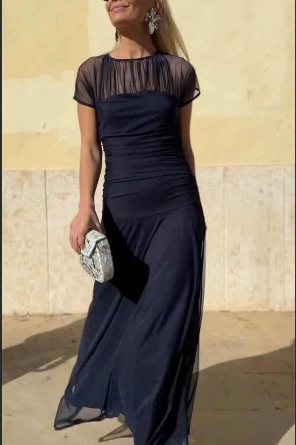 Chic Illusion Yoke Short Sleeve Flowy Long Dress