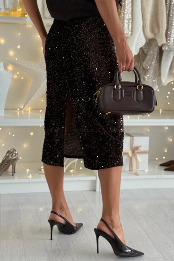 Light The Night Velvet Sequin High Rise Elastic Waist Pencil Slit Midi Skirt
