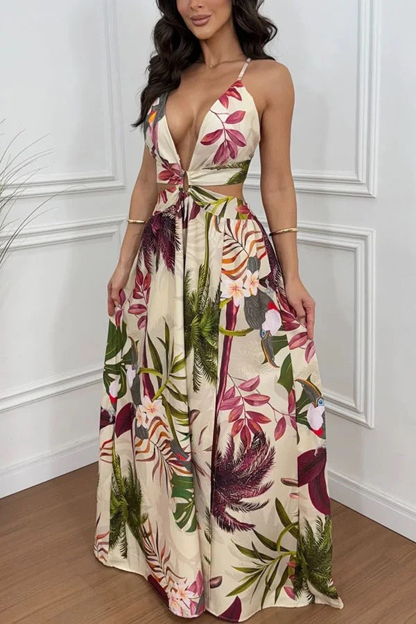 Seinah Floral Print Cutout Waist Open Back Lace-up Slit Maxi Dress