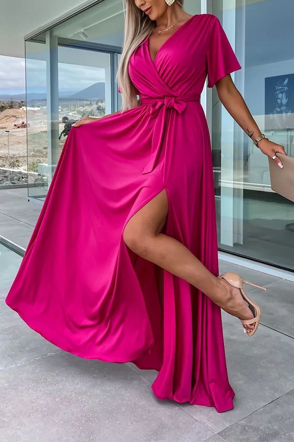 Call Me Confident Glitter Fabric Belted Slit Maxi Dress