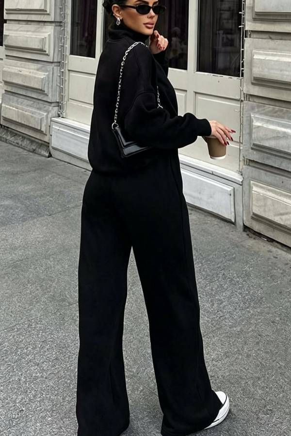 Stylish Half-open Zipper Pullover Sweatshirt and Elastic Waist Wide Leg Pants Set