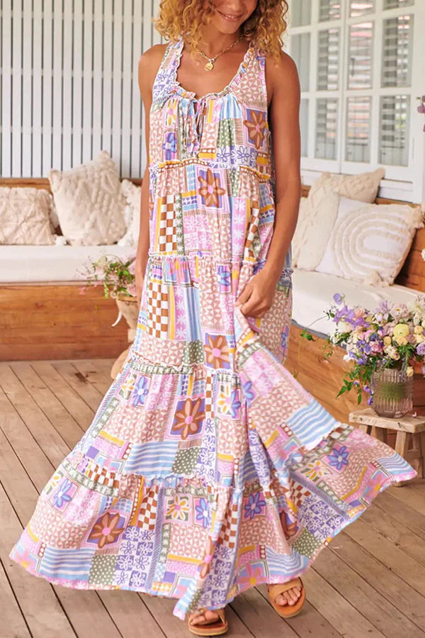 Flower Puzzle Round Neck Long Dress