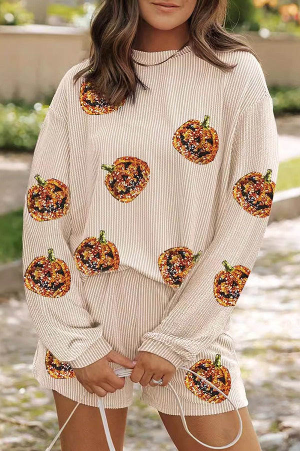 Christmas Sequined Loose Long-sleeved Top and Elastic Waist Casual Shorts Set
