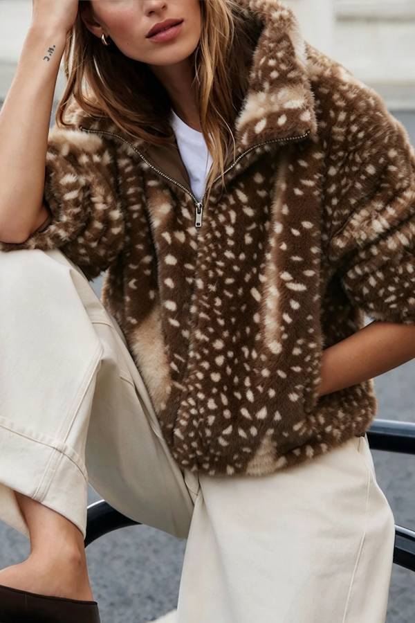 Bambi Print Faux Fur Funnel Neck Zip Long Sleeve Drawstring Hem Jacket