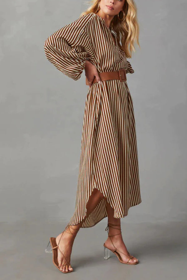 ETHEREAL SWEETIE STRIPED BELTED MIDI DRESS