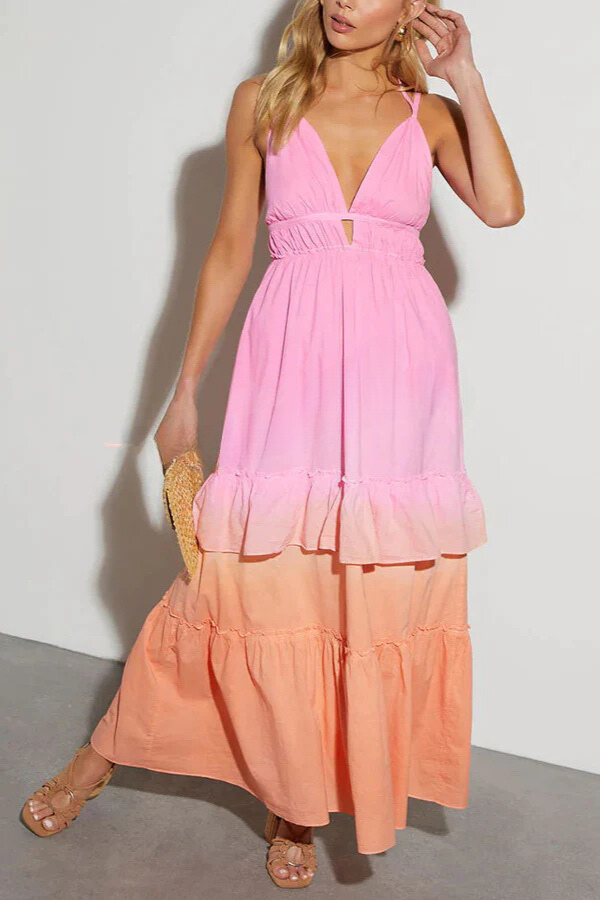 Living for Beach Days Linen Blend Gradient Pocketed Halter Maxi Dress