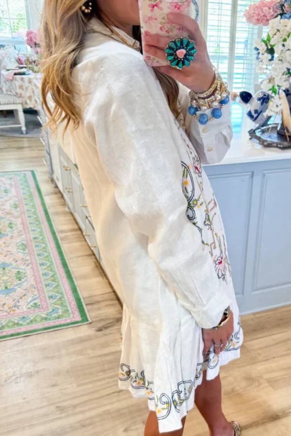 Vintage Floral Embroidered Shirt Mini Dress