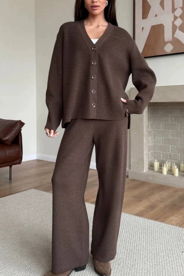 V‑Neck Knit Cardigan & Wide Leg Pants Two‑Piece Set